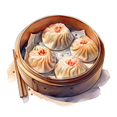 dumplings in bamboo basket with intricately carved chopsticks under ambient light