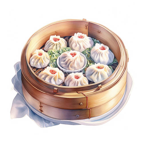 bamboo latticework encloses emerald green and pink dumplings in steamer basket