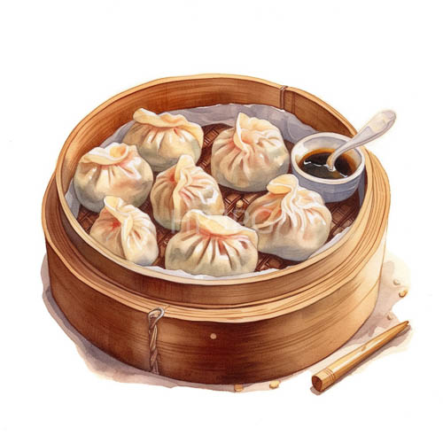 bamboo steamer latticework patterns over pink and white steamed dumplings on dark wood