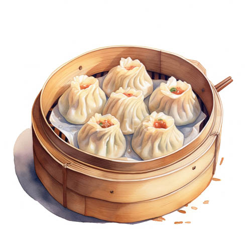 pale dumplings suspended above minimalist scenery with intricately crafted bamboo steamers