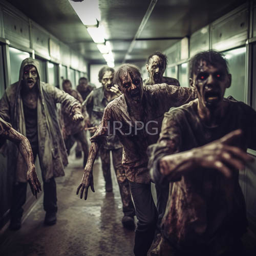 decrepit zombie figures shamble through dimly lit industrial hallway
