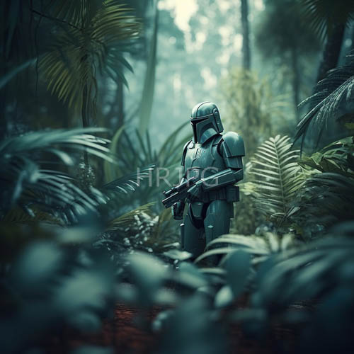 tangled jungle leaves and ferns wrap around white stormtrooper armor