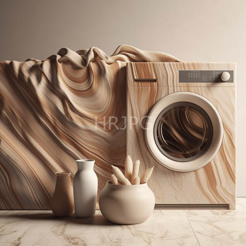 marbletextured wall meets sleek appliance amidst ceramic vases in various sizes on countertop