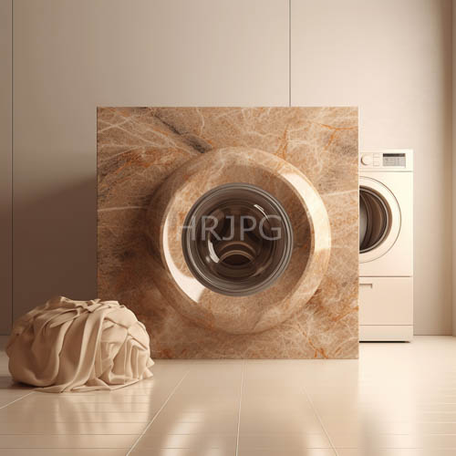 modern laundry room ambiance with sleek machinery and beige marble details in a minimalist space