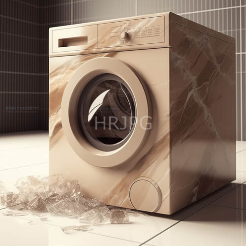 glass fragments glint on cracked washing machine door amidst scattered debris