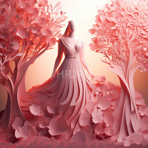 surreal trees unfurling petals amidst ethereal figures in luminous gowns