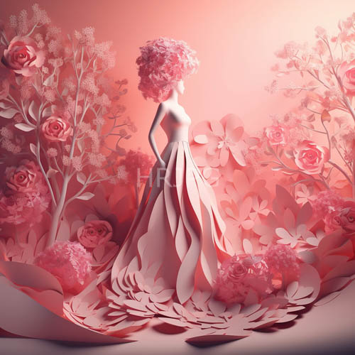 slender female figure stands amidst rose bushes with delicate petals unfolding like tiny stars
