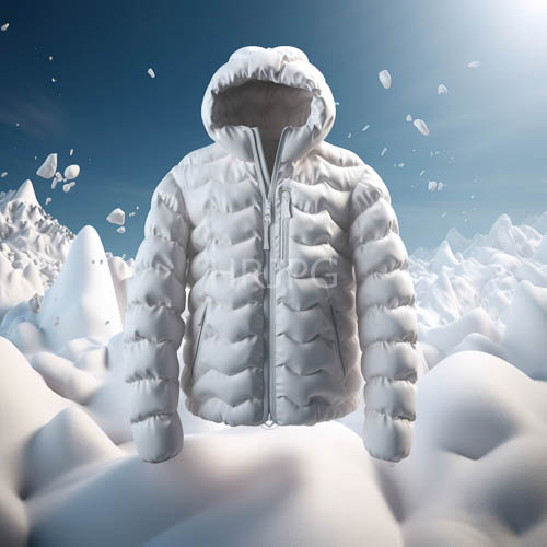 oversized white puffer jacket amidst snowdrifts and jagged mountain silhouettes