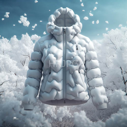 snowcovered trees framed by oversized puffy winter jacket with cloudlike folds and frosty branches