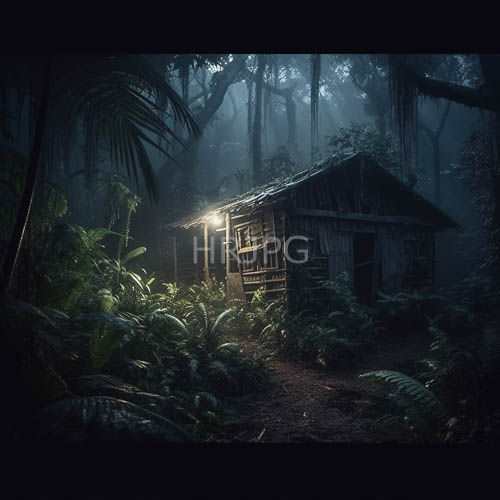 High Resolution: Misty Nightfall Dappled Shadows Ancient Wooden Hut Jungle Floor download. | HRJPG.com