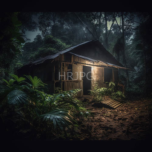 silvery gray foliage surrounds wooden jungle huts in mist