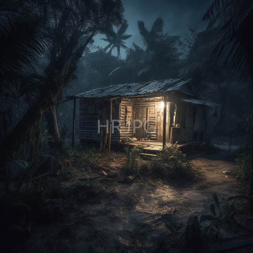 dusk shadows settle over wooden jungle cabins wrapped in green vines