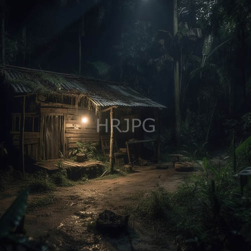jungle hut weathered wooden planks creak under moonlit fern covered canopy
