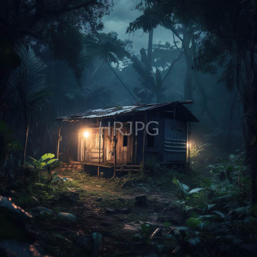 High Resolution: Jungle Foliage Envelops Weathered Wooden Hut with Gnarled Vines and Flickering Lanterns download. | HRJPG.com