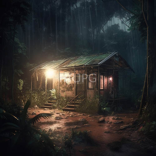 metal roof reflects illuminations on weathered wooden hut in jungle