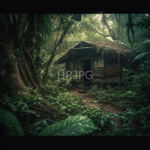 jungle hut abandoned in verdant overgrowth with fungalencrusted beams