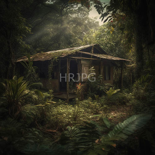 High Resolution: Jungle huts feature weathered wooden facades under leaf canopies download. | HRJPG.com