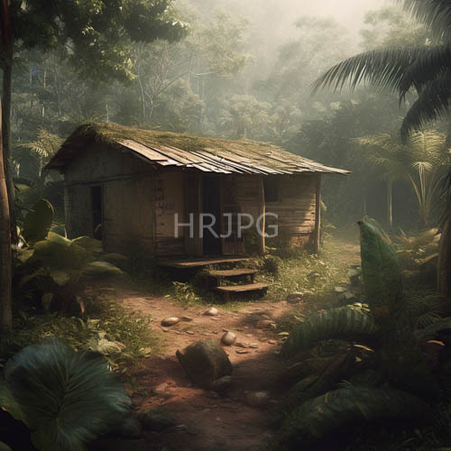 jungle hut amidst leafy canopy with dappled shadows on weathered wooden boards