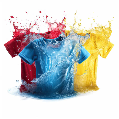 blue and yellow tshirts collide with water droplets on pristine white background