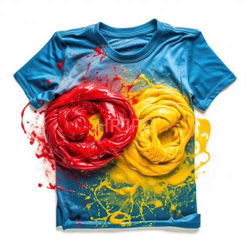colorful swirls adorn blue tshirts canvas with energetic paint splatters and contrasting swirls