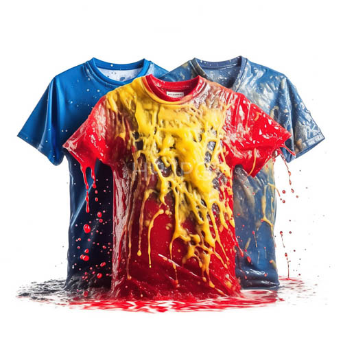 fluorescent drips on crisp tshirts disrupt white background abstraction