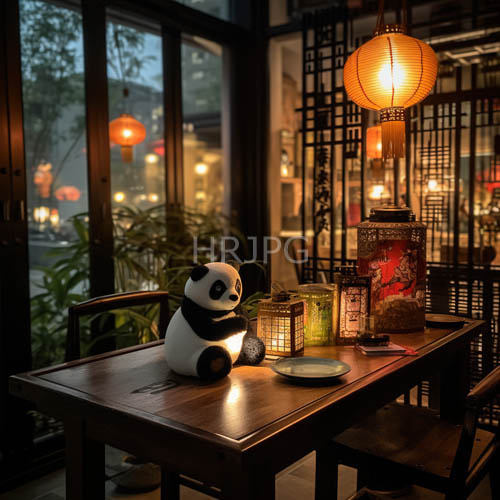 paper lanterns cast flickering amber light on intricately crafted metal lamps amidst whimsical ceramic plates