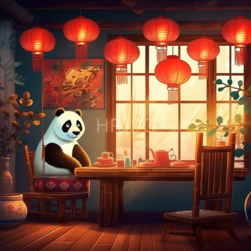 pandas tea time on ornate wooden table in lanternlit setting