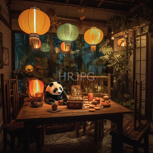 paper lanterns cast honeytoned hues on intricately carved wooden floors and tables