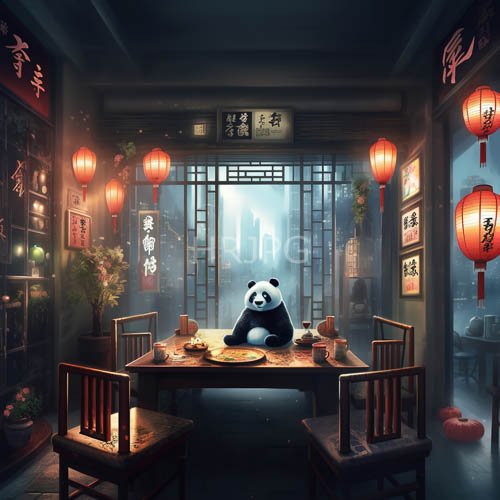 dimly lit chinese restaurant filled with plush armchairs and delicate red lanterns