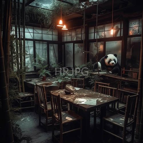 faded ceramic tiles worn chairs and dimming orange lights in a onceabandoned caf with overgrown greenery