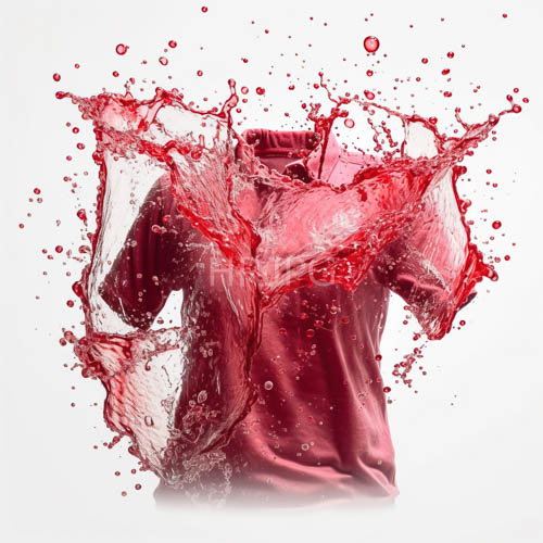 maroon fabric interacts with splashing liquid in a white background environment