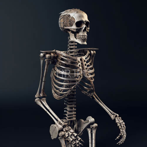 skeletal figure stands in profile under indigo and midnight blue gradient light