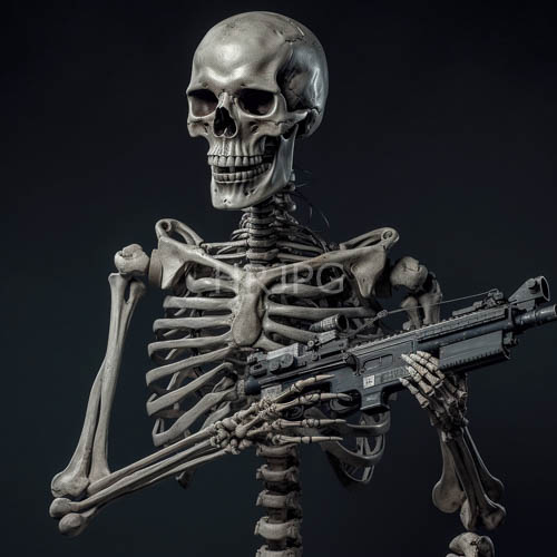 skeletal figure embodies mechanical device in faint industrial setting with metallic texture