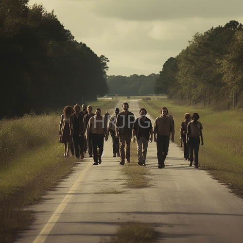 rural road illuminated by sunlight casting shadows behind twelve individuals strolling down a desolate thoroughfare