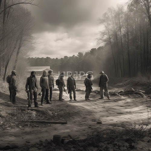 rugged outdoorsmen amidst faded forest landscapes with earthy overtones and shadows