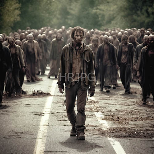 neglected man walks amidst faded road signs and undead procession in foggy forest setting