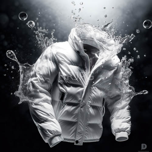 water droplets adhere to jacket puffy texture amidst turbulent water motion