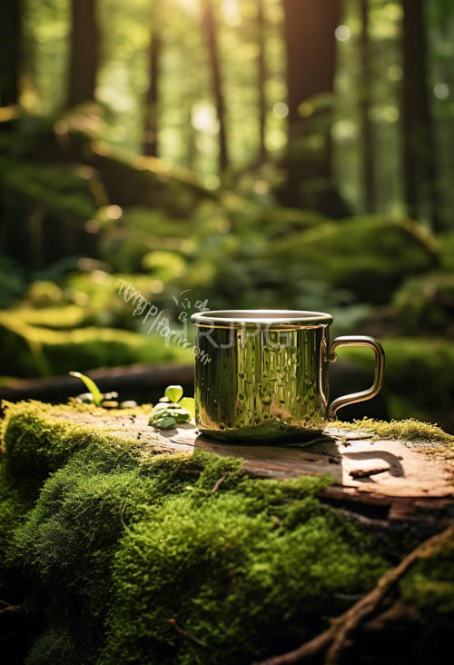 sunbeams strike mossy logs across carpeted green forest floors