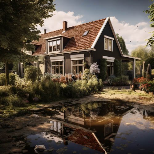 High Resolution: Rustic Dutch House Enveloped by Lush Gardens and Dappled Skies download. | HRJPG.com