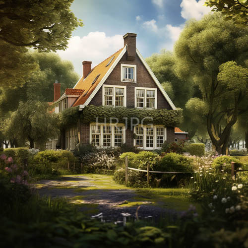 lush ivy envelops quaint dutch cottage under emerald canopy of ancient trees
