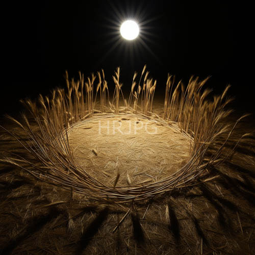 grasses in circle formation stand delicate on sandy terrain under starry sky