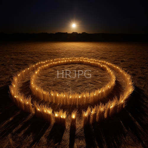 wheat stalks arranged in circular pattern against desert backdrop under full moonlight