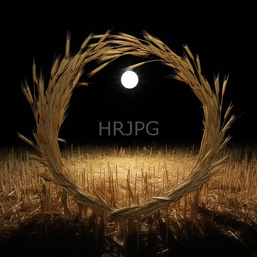 moonlit wheat crown forms perfect circle in dry grasslands under silvery skies