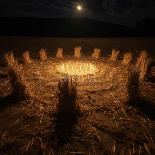 High Resolution: Moonlit Candle Gathering in a Darkened Field Landscape with Distant Hills download. | HRJPG.com