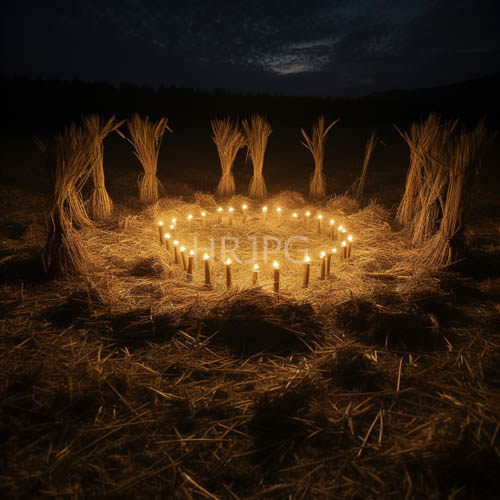 flickering flames illuminate dry grass amidst sentinel straw bundles under starry night sky
