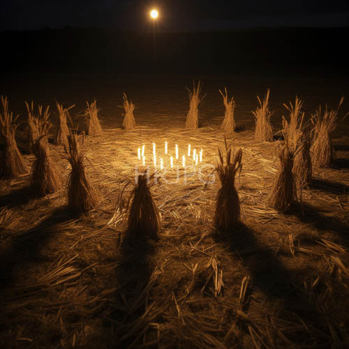 moonlit straw bundles in eerie rugged landscape under inky night sky