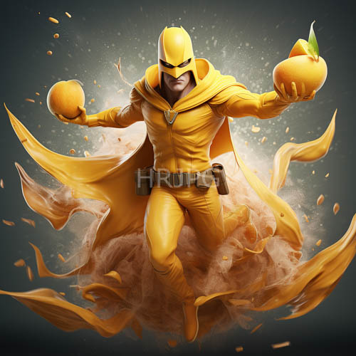 muscular superhero soars through air with vibrant oranges and cape