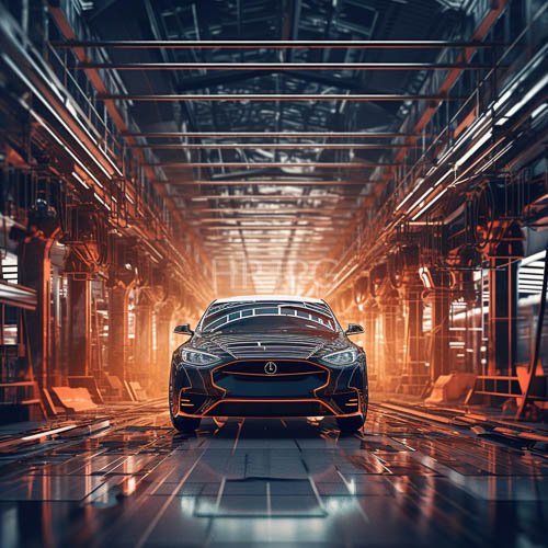 advanced car glides across facility floor amidst kaleidoscope of colors and shimmering reflections