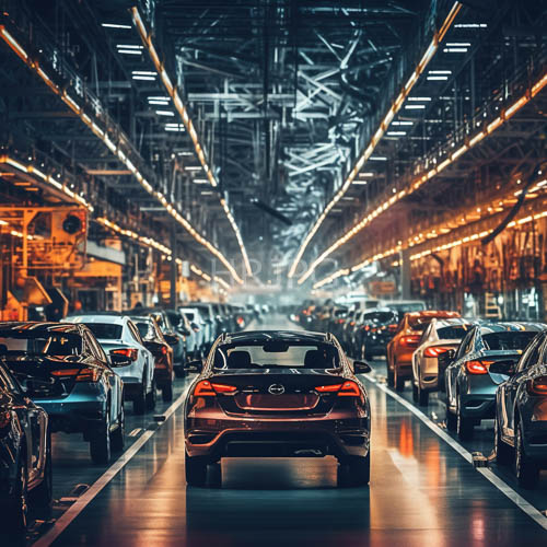factory floor silhouettes converge in parallel lines under warm orange glow