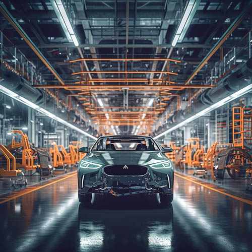 industrial machinery contrasts with sleek dark green sports car in utilitarian factory setting